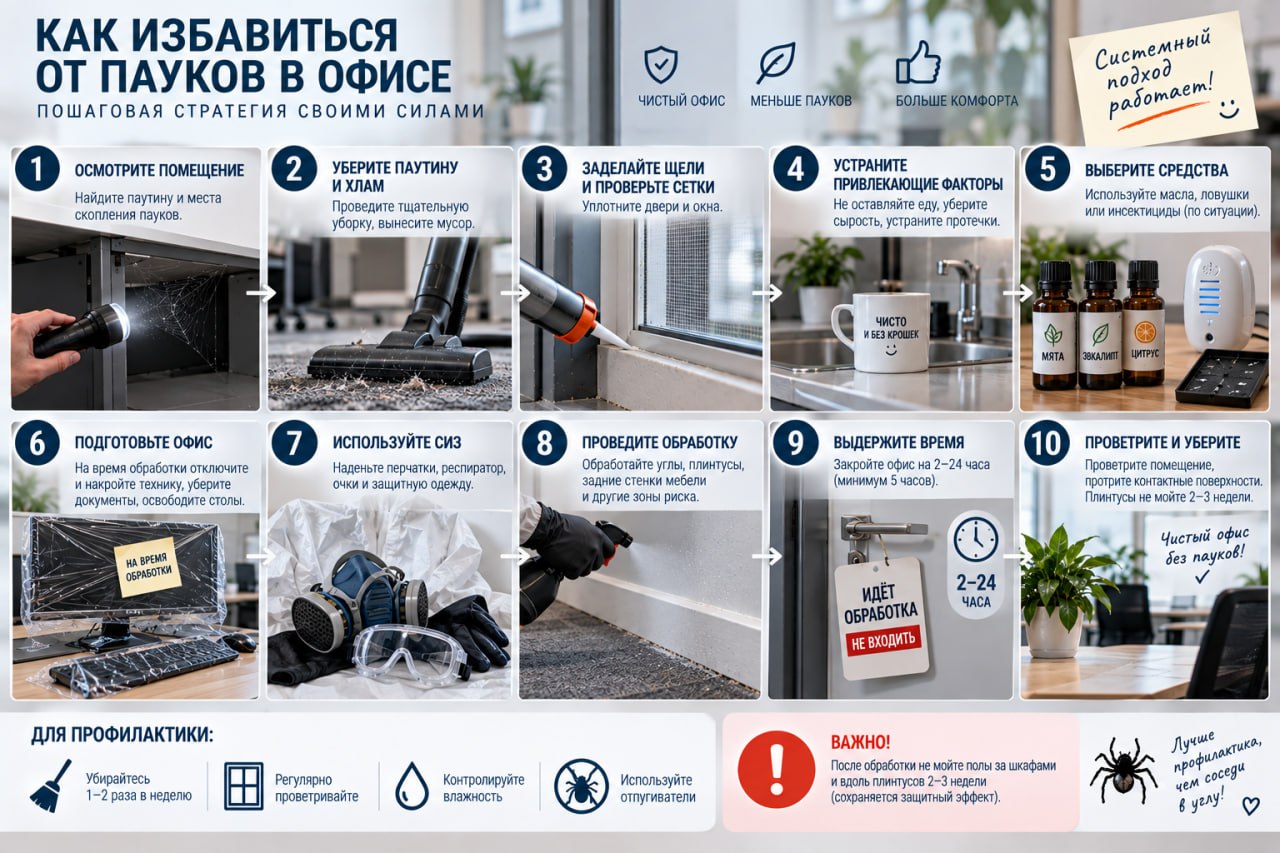 Пошаговая стратегия избавления от пауков в офисе своими силами